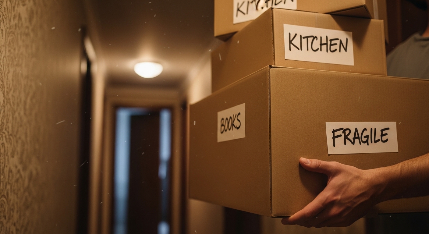 Labeled moving boxes being carried through apartment hallway