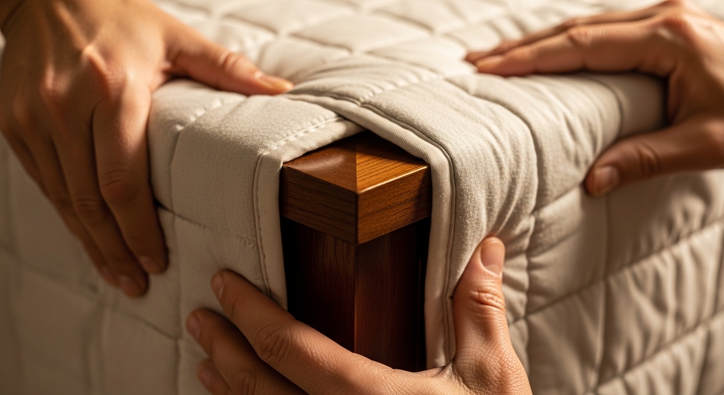 Careful hands wrapping furniture with protective moving blankets
