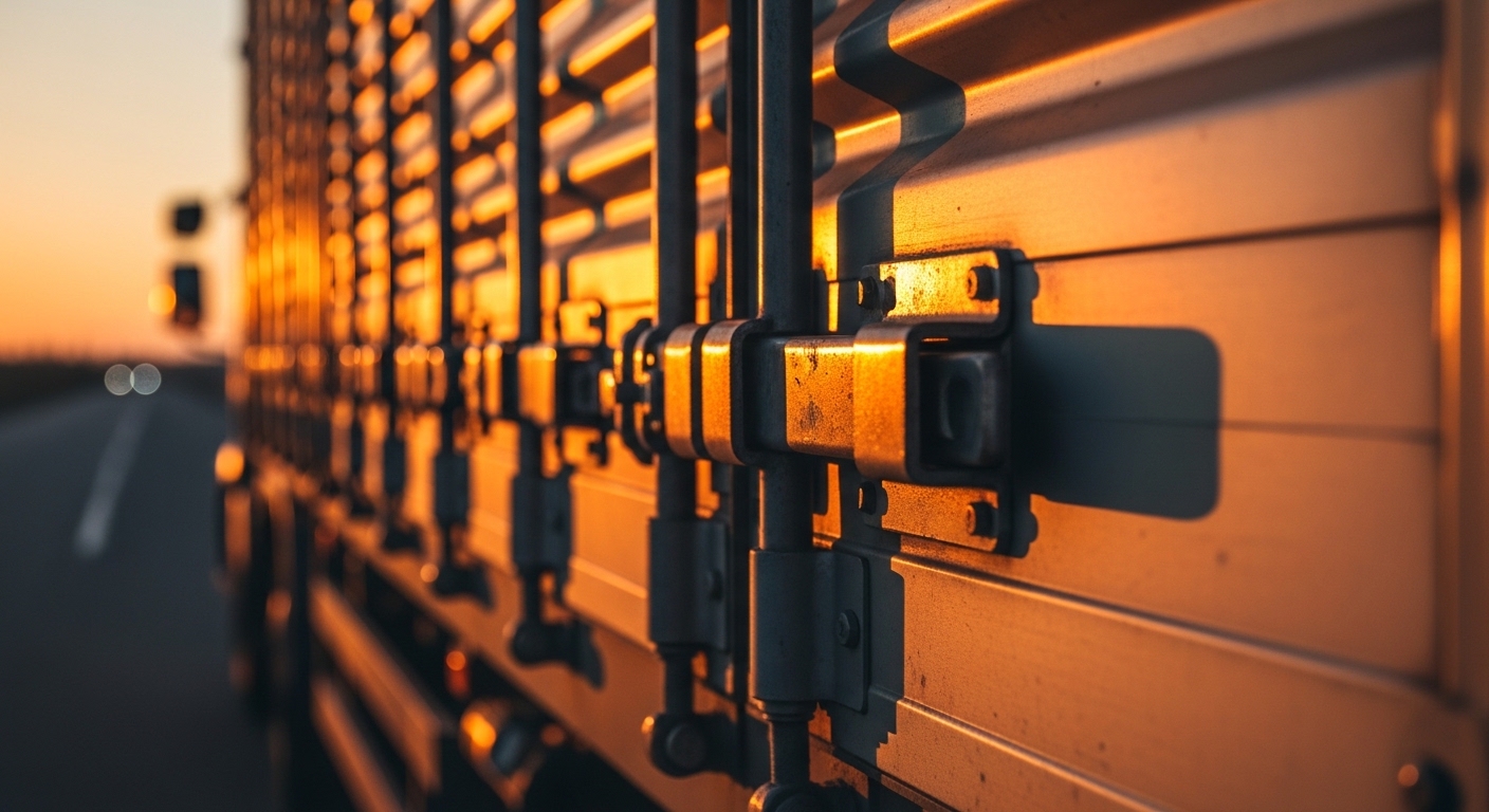 Moving truck cargo door secured for long distance transport at sunset