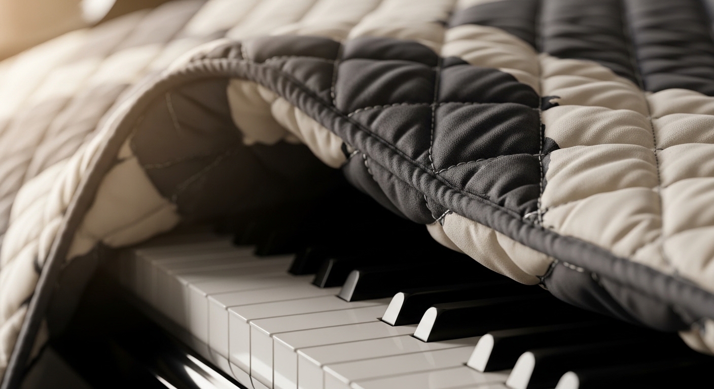 Piano keys being protected with quilted moving blanket