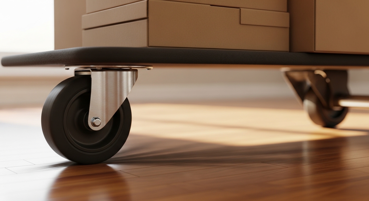 Moving dolly loaded with boxes rolling across hardwood floor
