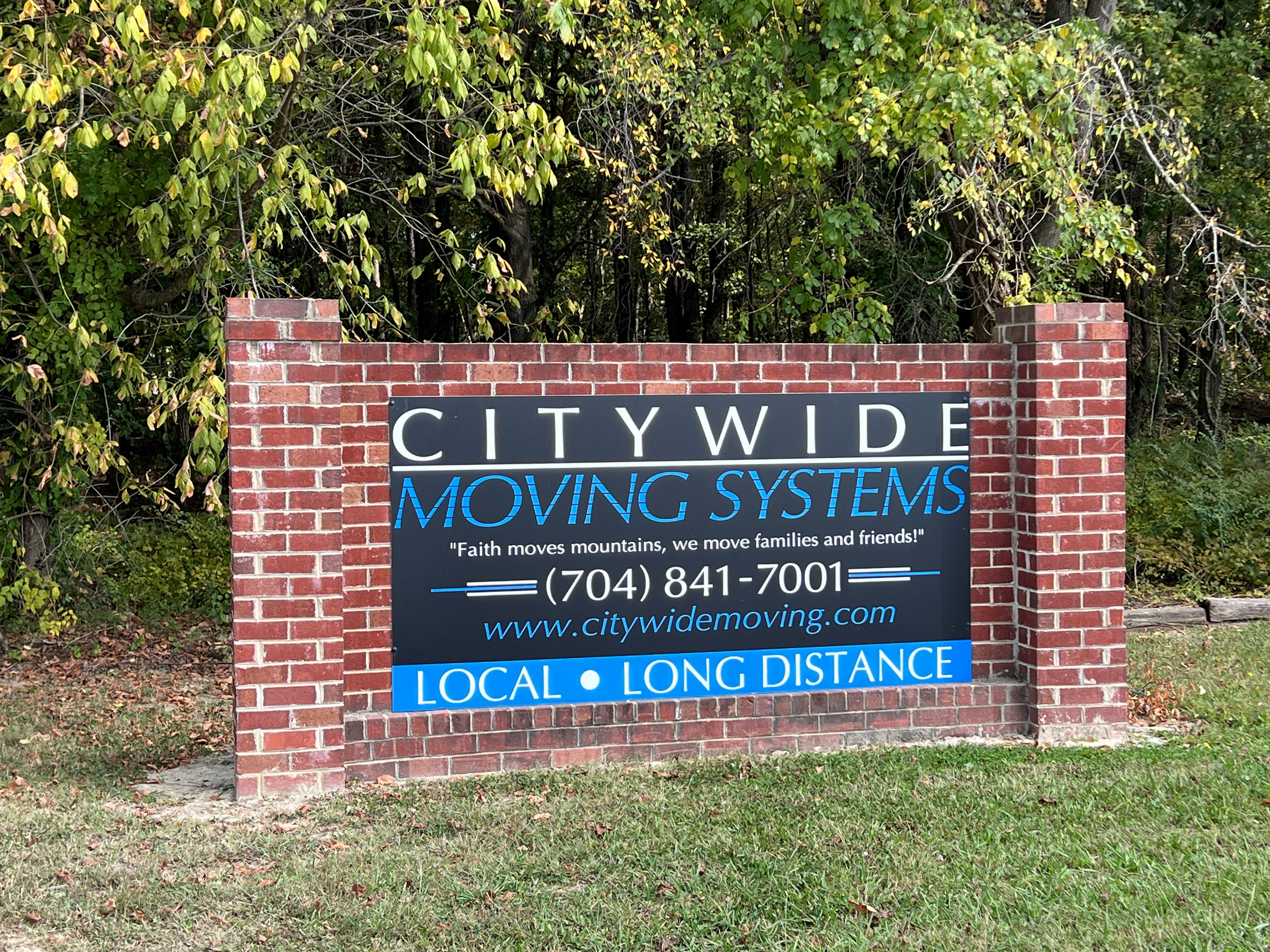 Citywide Moving Systems brick entrance sign at Monroe NC headquarters