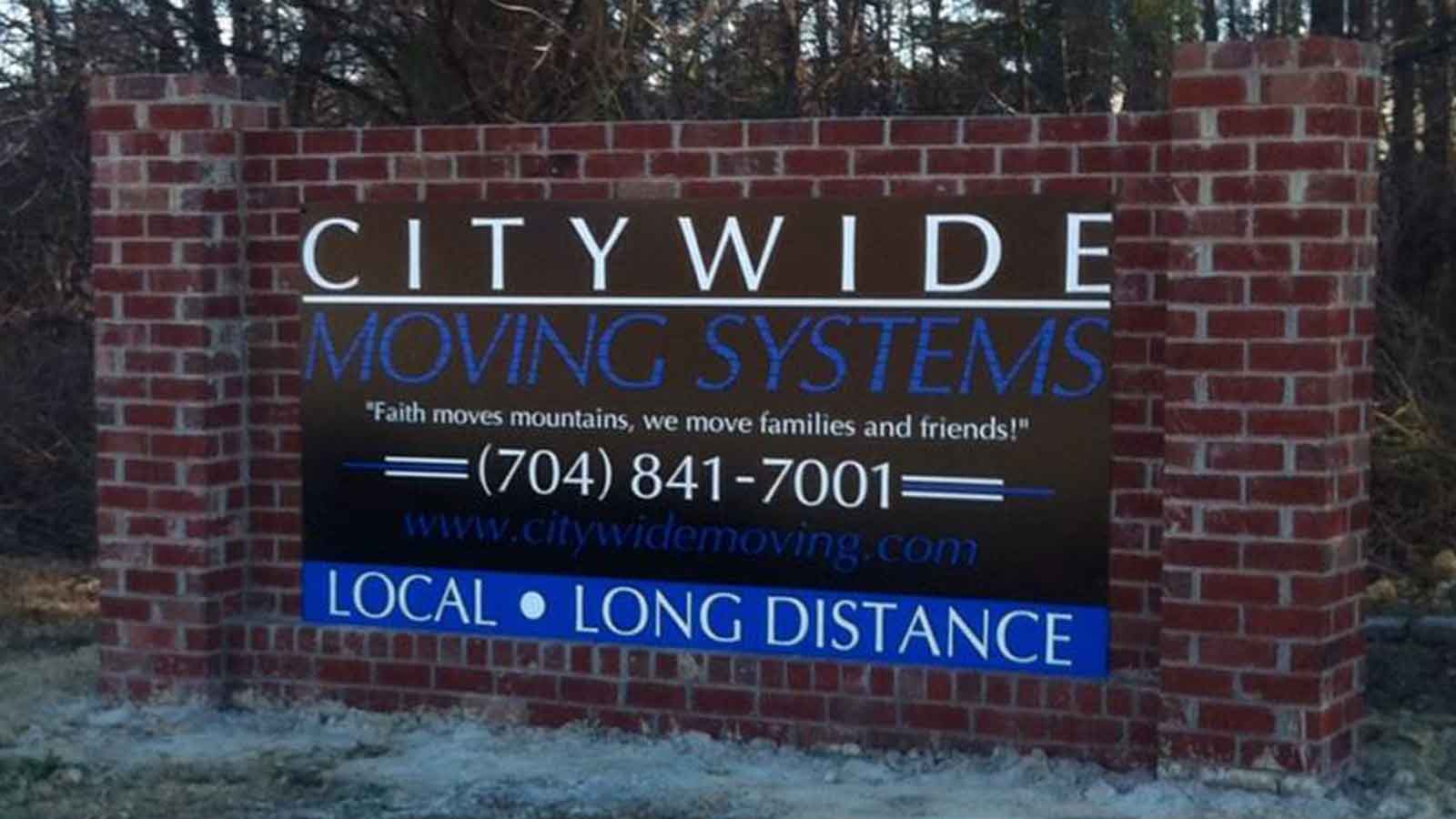 Citywide Moving Systems brick entrance sign — serving Charlotte and surrounding areas since 1994